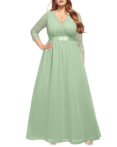 Pinup Fashion Brautkleider für Braut, Übergröße, formelles Abendkleid, Wickelkragen, Spitze, Chiffon, langes Kleid, Salbeigrün, 52 Mehr