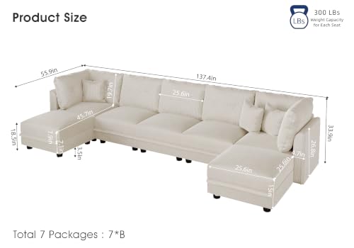 Image of LLappuil Modular Sectional Sofa with Storage, U-Shaped 7-Seat Corduroy Couch with 7 Throw Pillows, Pet-Friendly Convertible Sofa for Living Room & Apartment, Skin-Friendly, Beige
