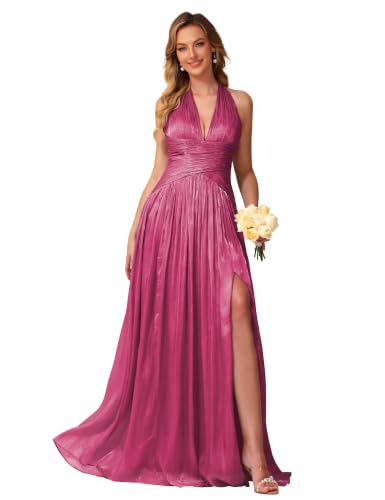 Image of Shimmer Chiffon Bridesmaid Dresses for Women Long | Deep V Neck,Pleated,Knotted,Empire Waist,with Slit,Breathable,Lightweight,Flowy,Formal Evening Dress