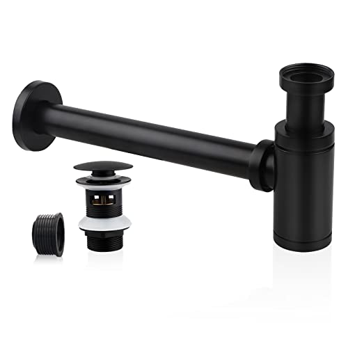 EXLECO Siphon de Lavabo en Acier Inox 1 1/4 x 32mm Bonde de Salle de Bain Réglable en Métal Noir