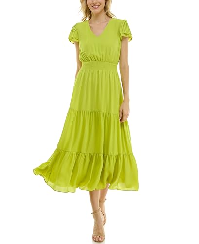 Image of Nanette Nanette Lepore Women's Tiered Pull on Fully Lined Dress with Smock Waist and Pleated Flutter Sleeve