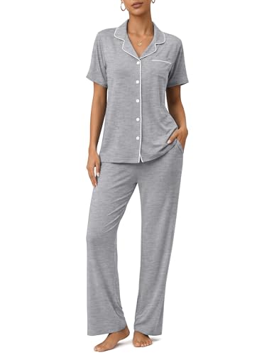 Image of ZMJ Womens Pajamas Sets 2 Piece Button Up Pj Sets Short Sleeve with Long Pant