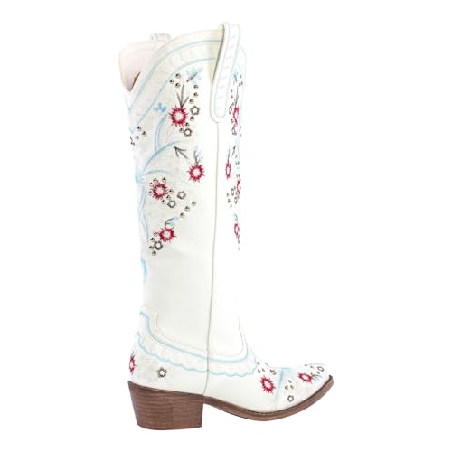 sexytag Women's Embroidered Western Cowboy Boots Floral Embroidery Cowgirl Boots Studded Pointed Toe Knee High Boots4