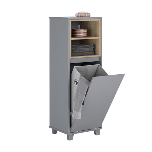 SoBuy Meuble Salle de Bain avec Panier à Linge Rabattable Armoire de Salle de Bain étroite avec 2 Compartiments, Panier à Linge Amovible Trieur à Linge &...