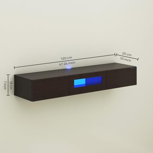 Image of Anikaa Lucen Wall Mount Modern Floating TV Unit for Living Room | 3 Closed Storage cabinets with hinged Door - Blue Color LED Light | Ideal for UP to 55 Inch TV (Wenge Finish - DIY Installation)