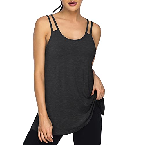 Cestyle Spaghetti Strap Cami Tank Top Built In Padded Shelf Bra,Womens Summer Strappy Camisoles Long Tunic Length T-Shirts To Wear With Leggings Trendy Sleeveless Dressy Casual Flowy Yoga Exercise #TOP4