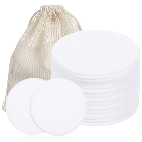 Grevosea 20 Pcs Reusable Makeup Remover Pads, Cotton Rounds for Face with a Mesh Washable Laundry Bag Soft Cotton Face Pads for Makeup Removal Facial Cleansing Skincare Travel Essentials (White)
