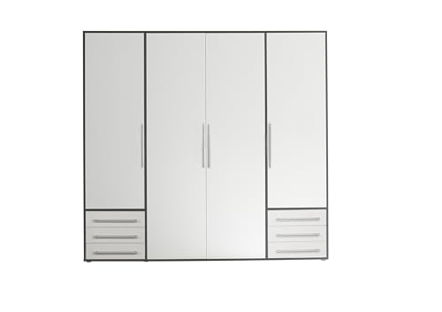 Stella Trading LYSS Kleiderschrank weiß mit Schubladen - Vielseitiger Schlafzimmerschrank 4-türig in Weiß, Graphitfarben- 206x 194 x 58 cm (B/H/T)