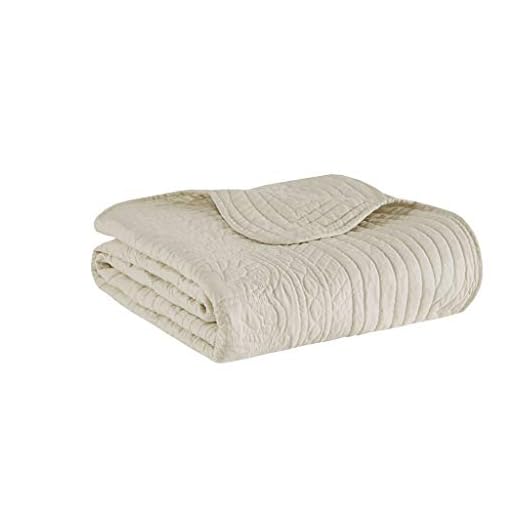 Madison Park Luxe Quilted Throw Blanket - Damask Stitching Design, Cotton Filled Spread, Ultra Soft, Cozy Bedding for Living Room Couch, Sofa, Bed, 60x72", Scalloped Borders Cream
