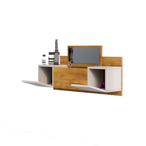 Image of Bniture Engineered Wood Wall Mount Dressing Table with 2 Door, Mirror and Huge Storage Space | Wall Mount Vanity (Giant Wood & Frosty White, HXDR109)