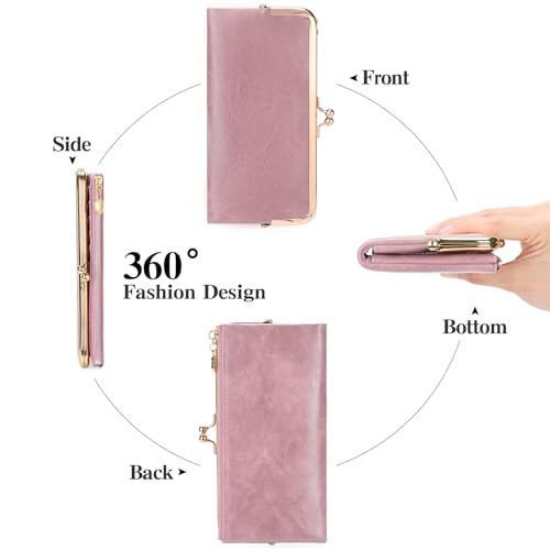 Image of GOIACII Womens Wallet Kiss Lock Bifold Leather Wallets for Women Pink | Vintage Wallet for Women,Ladies Clutch Purse,Women's Card Holder Wallet with Zipper