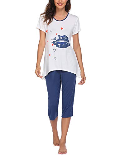 Evanhome Womens Pajama Set Sleepwear Tops with Capri Pants Casual and Fun Prints Pj Sets White M