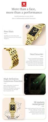 Image of OLEVS Gold Watches for Women Original Luxury Small Square Diamond Wrist Watch Analog Quartz Stainless Steel Waterproof Stylish Ladies Watch Date