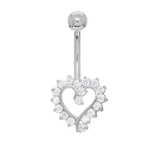 14k Solid Gold White Belly Open Heart CZ Navel Ring Body Jewelry, 1.7gr.