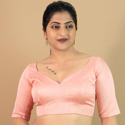 Image of FIGURE'S DESIGNER Women's Dupion Raw Silk Half Elbow Sleeves Sweetheart V Neck Sabyasachi Cut Readymade Saree Blouse S10