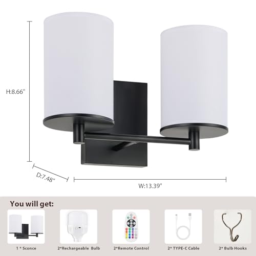Image of Battery Operated Double Wall Sconce,Rechargeable Battery Powered Vanity Lights,Cordless No Wiring Dimmable Double Sconce with Remote Control for Bedroom Living Room