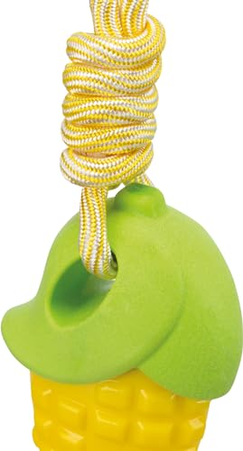 TRIXIE Maiskolben am Seil, TPR, Hundespielzeug, Kauartikel, Gelb, 13 cm/34 cm