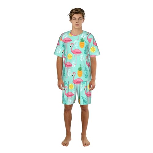 Ensemble pyjama homme short et t-shirt col rond imprimé tropical