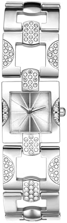JewelryWe Women's Luxury Square Watch: Elegant Small Bar-Shaped Markers Analog Quartz Watches Bling Full Rhinestone Wristwatch Silver Strap with Silver Dial