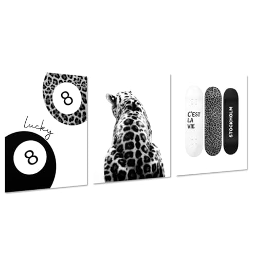 MINI ZOZI Cheetah Wall Art 12x16 Leopard Stockholm Style Room Decor Canvas Set Of 3 Pictures Prints Girls Dorm Bedroom Trendy Posters Aesthetic Print 8 Ball Fashion Preppy Poster Black White