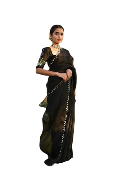 infabzonWomens Saree Bollywood Style Organza Silk With Digital Print Hand Crafted Work