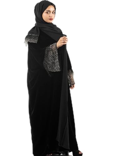 Saza Abaya Black Velvet Abaya for Women with Pearl and Feather Embellished Sleeves, Long Sleeve Modest Islamic Dress (57)