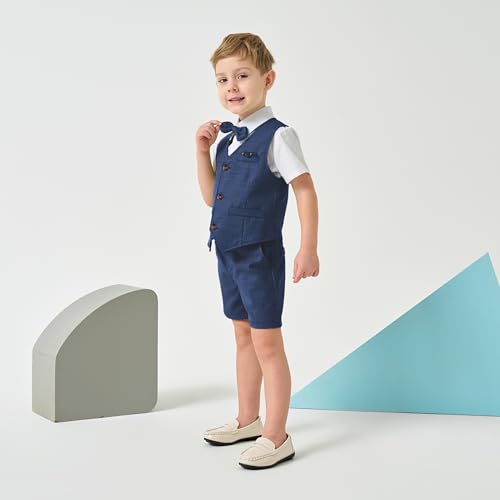 Volunboy Baby Boys Summer Suits Short Sleeve Wedding Ring Bearer Outfits 4Pcs Graduation Dress Vest Shirt Bowtie Shorts Set3