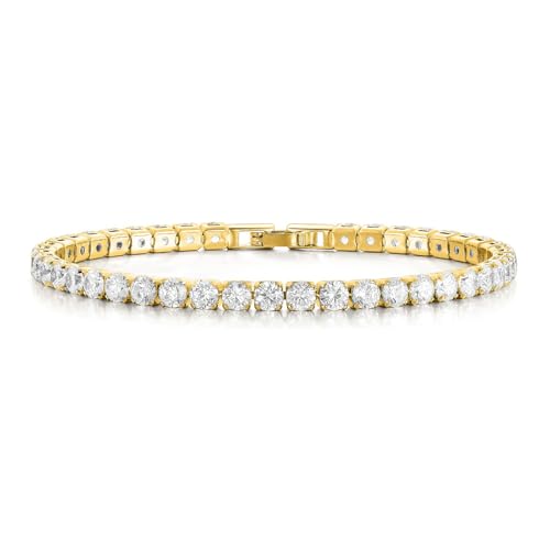 Smxyancht 18K Gold/Silver Plated 4mm High Carbon Diamond Classic Tennis Bracelet Stainless Steel Silver Chain for women size 7.5inch Gold Bracelets jewelry for women (gold)