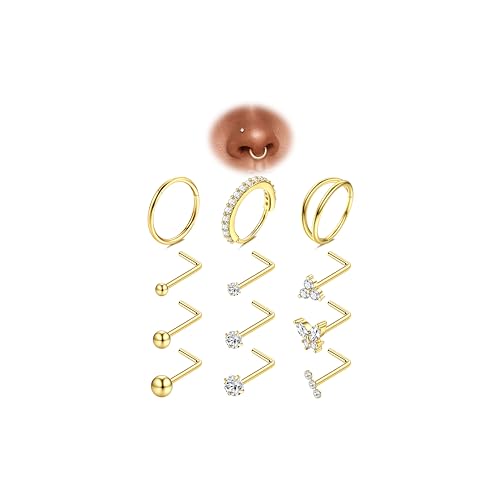 Besteel Gold Plated Nose Rings for Women - 14K Gold Filled Hypoallergenic Surgical Steel Nose Ring Hoops 20G CZ Screw L Shaped Nose Studs Nose Piercings Jewelry for Women Men