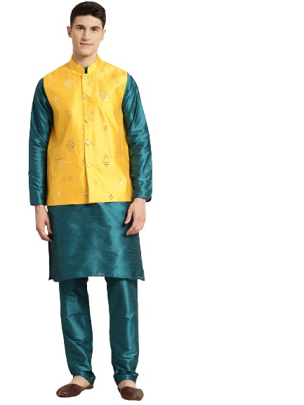 SOJANYA (Since 1958 Men's Silk Blend Teal Green Kurta & Churidaar Pyjama With Mirror Work Nehrujacket Set