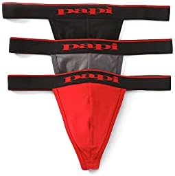 papi Men's 3-Pack Cotton Stretch Thong, Red/Grey/Black, Medium