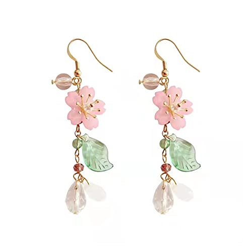 Pink Flower Dangle Earrings for Women: Cute Cherry Blossoms Pearl Leaf Sakura Floral Drop Fairy Floral Tassel Earrings for Summer Holiday
