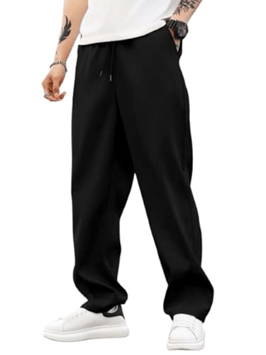 Image of MULAVRI Solid Drawstring Relexed Fit Modern Straight Leg Pants for Men's