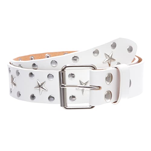 Snap On Silver Star and Circle Studded Cowhide Leather Belt