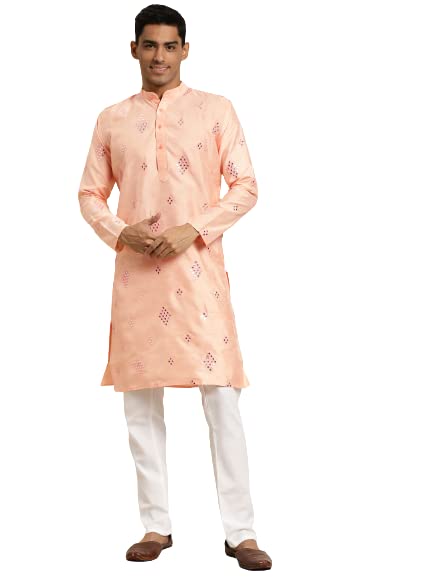 Image of SOJANYA (Since 1958 Men's Cotton Blend Navy Blue & Black Printed Kurta & White Churidar Pyjama Set