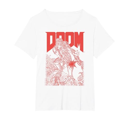 Image of Doom Red Sketched Cover Art Retro Video Game T-Shirt, Women's Plus, White, 5X