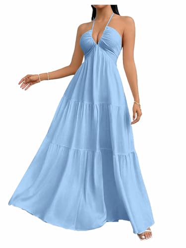 Image of SHENHE Women's Deep V Neck Tie Knot Backless Halter Dress A Line Flowy Ruffle Maxi Dress