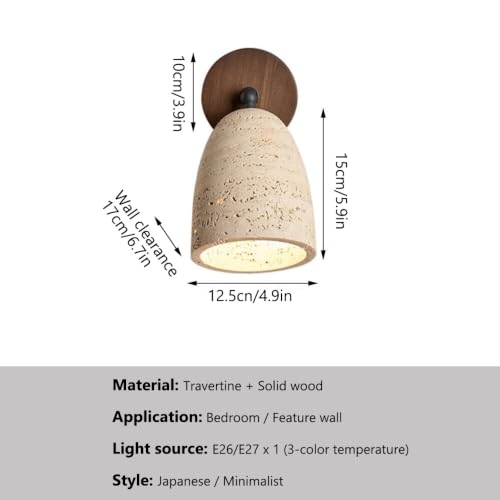 Aplique de pared de travertino con base de madera y luz regulable E26 8