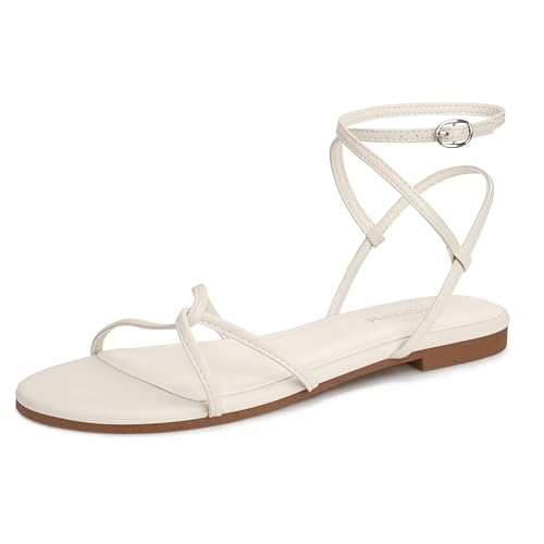 LOOPCHARM Women's Flat Sandals Strappy Open Round Toe Lace Up Shoes with Adjustable Ankle Strap for Summer,White Pu,8