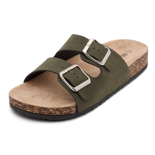 Image of Herstyle Womens Cork Footbed Slides for Women, Double Strap Flat Sandals, Adjustable Buckle Comfort Slip On Shoes, Summer Beach Casual Walking Slippers