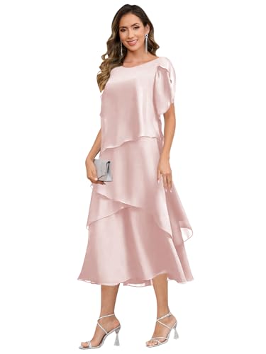 Tea Length Mother of The Bride Dresses Chiffon A-Line Short Sleeve Formal Evening Gown