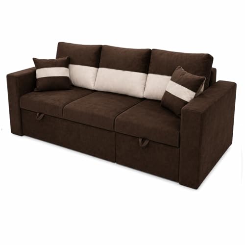 Image of FURNY Soria 4 Seater RHS Lounger Sofa Cum Bed (Dark Brown - Cream) with Pull-Out Function | Luxury Velvet Suede Finish | Durable Comfort | Ideal for Living Room