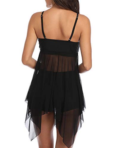Temptme Womens Black Mesh Flowy Tankini Floral Swimdress Two Piece Swimsuits Swim Dress with Boyshort