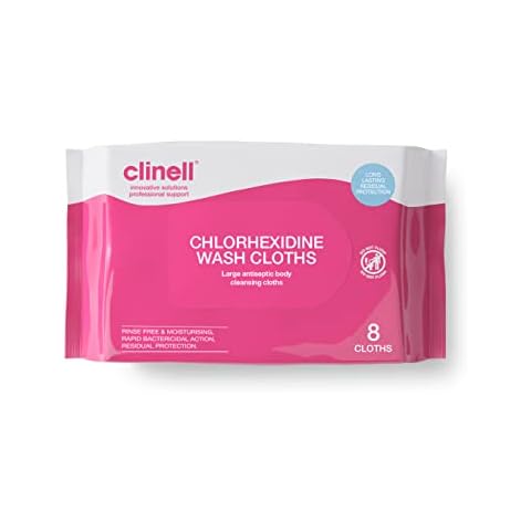 Clinell Chlorhexidine Wash Cloths - Body Wipes, Rinse Free Solution, Kills Bacteria, Dermatologically Tested - Pack of 8 Cloths (Pink) Cover
