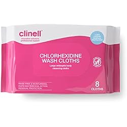 Clinell CHGWC8 Chlorhexidine Wash Cloths - Body Wipes, Rinse Free Solution, Kills Bacteria, Dermatologically Tested - Pack of 8 Cloths