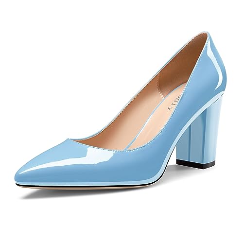DearOnly Womens Patent Leather Slip-on Pumps Close Pointed Toe Mid Block Heel Office Casual Shoes 3.2 Inches Heels