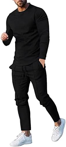 GLVSZ Male Casual Solid Two Piece Suit Round Neck Long Sleeve Top Blouse Suit Drawstring Pocket Pants All Tuxedo Suits for Men Black