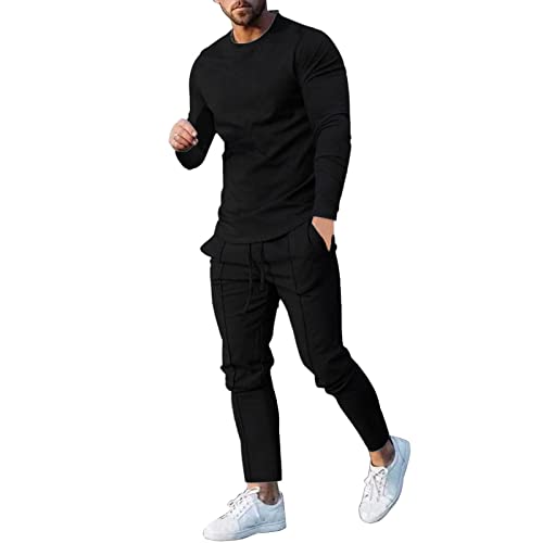 sweater set Men's Tracksuit Athletic Casual 2 Piece Outfits Long Sleeve Pullover Shirts and Pant Set Gym Jogger Sweatsuit Set beach pants for men Black M