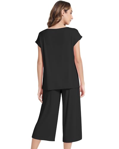 Image of NACHILA Women's Pajamas Set Short Sleeve Sleepwear Soft Pjs Cool Pajama with Capri Pants, Viscose Made from Bamboo