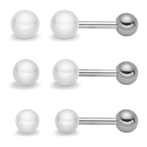 Fashtour 3 Pairs Pearl Earrings for Women Flat Screw Ball 316L Hypoallergenic Surgical Steel Cartilage Earrings For Sensitive Skin Handmade Piercing Jewellery Gifts for Girls Cover
